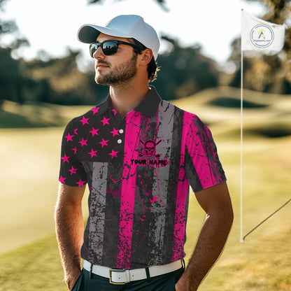 Custom Pink Grunge American Flag Patriotic Skull Golf Shirt For Men, Retro Mens Golf top NQS10482