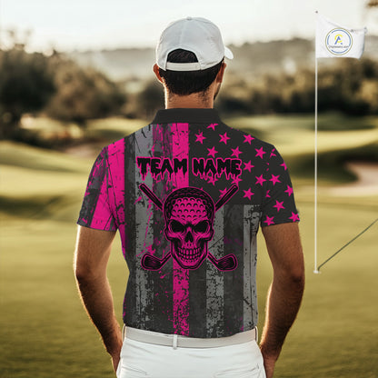 Custom Pink Grunge American Flag Patriotic Skull Golf Shirt For Men, Retro Mens Golf top NQS10482