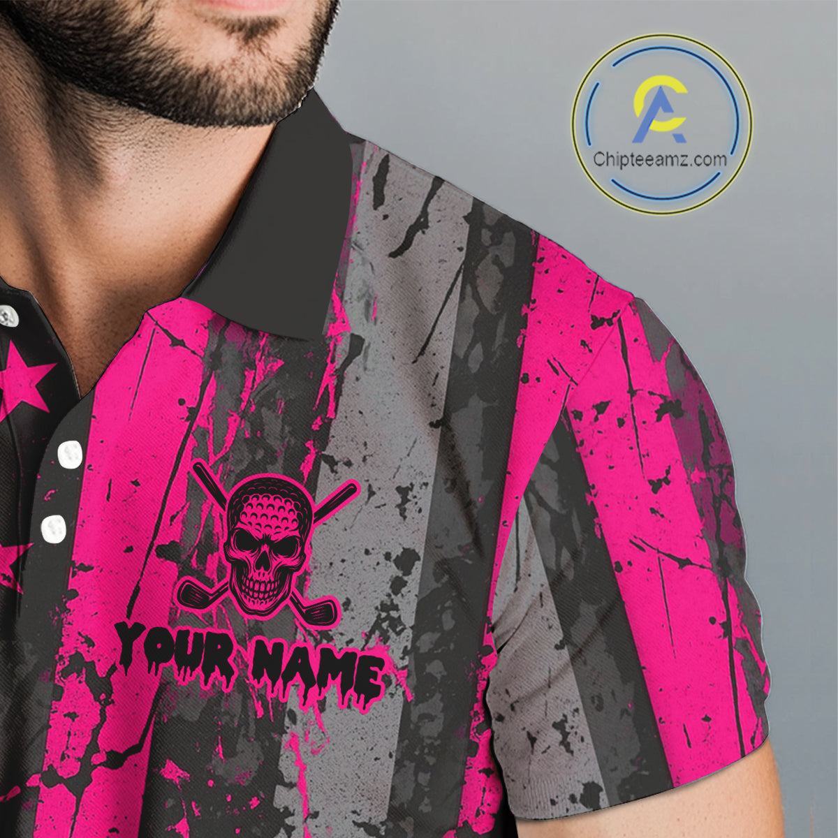 Custom Pink Grunge American Flag Patriotic Skull Golf Shirt For Men, Retro Mens Golf top NQS10482