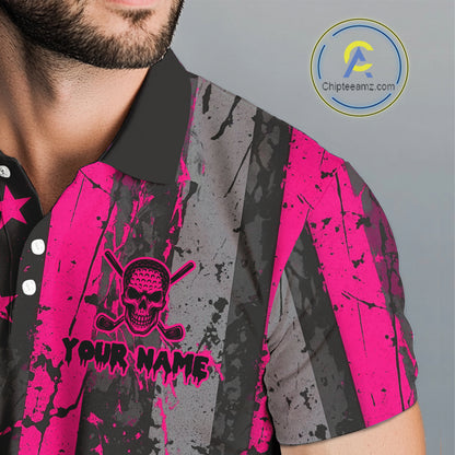Custom Pink Grunge American Flag Patriotic Skull Golf Shirt For Men, Retro Mens Golf top NQS10482