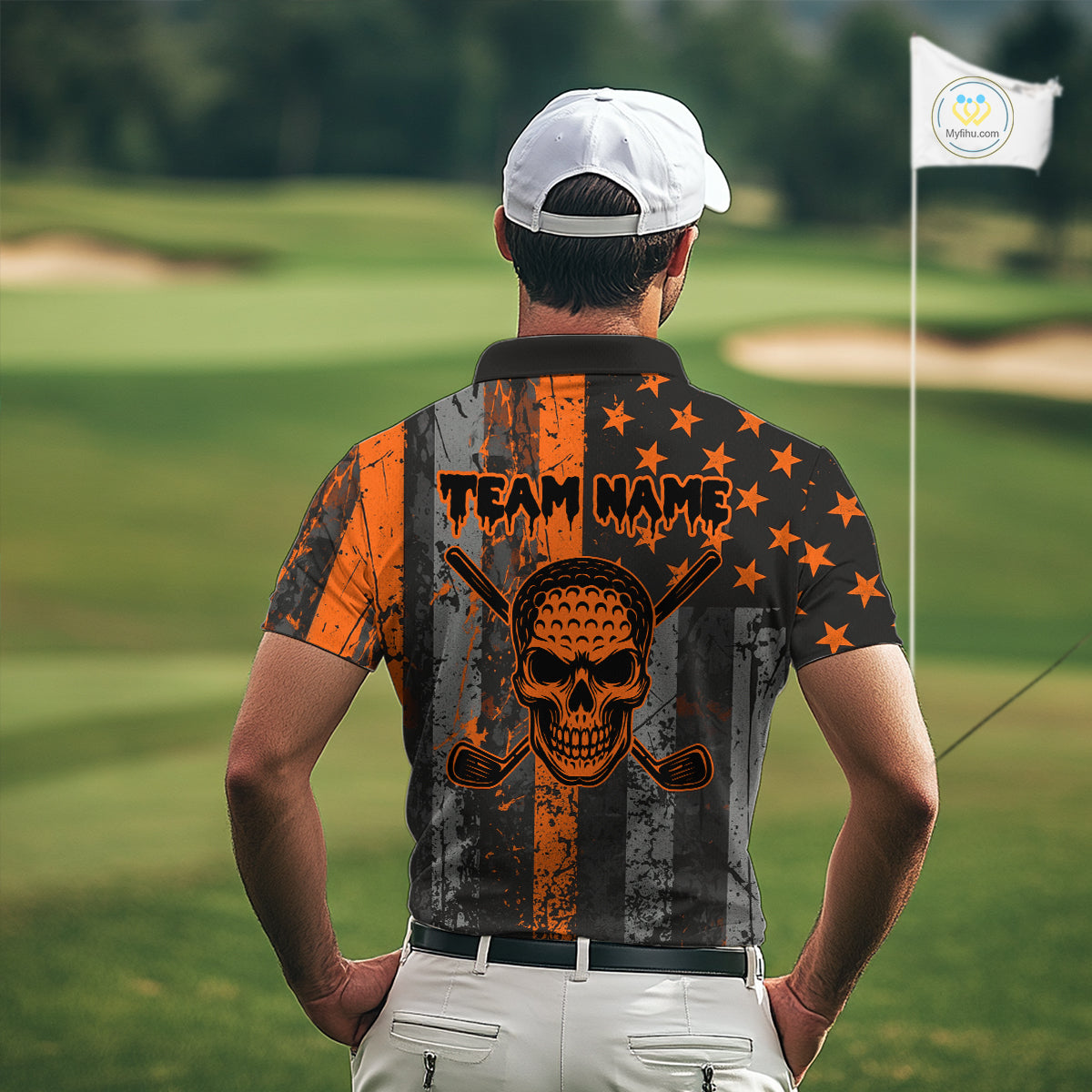 Custom Orange Grunge American Flag Patriotic Skull Halloween Golf Shirt For Men, Retro Mens Golf top NQS10483