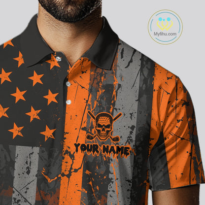 Custom Orange Grunge American Flag Patriotic Skull Halloween Golf Shirt For Men, Retro Mens Golf top NQS10483
