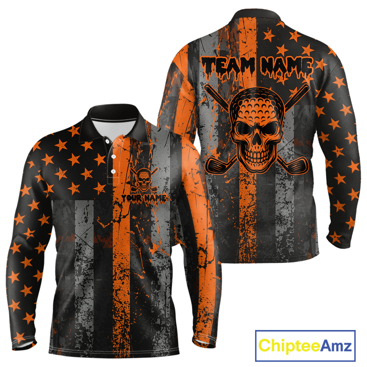 Custom Orange Grunge American Flag Patriotic Skull Halloween Golf Shirt For Men, Retro Mens Golf top NQS10483