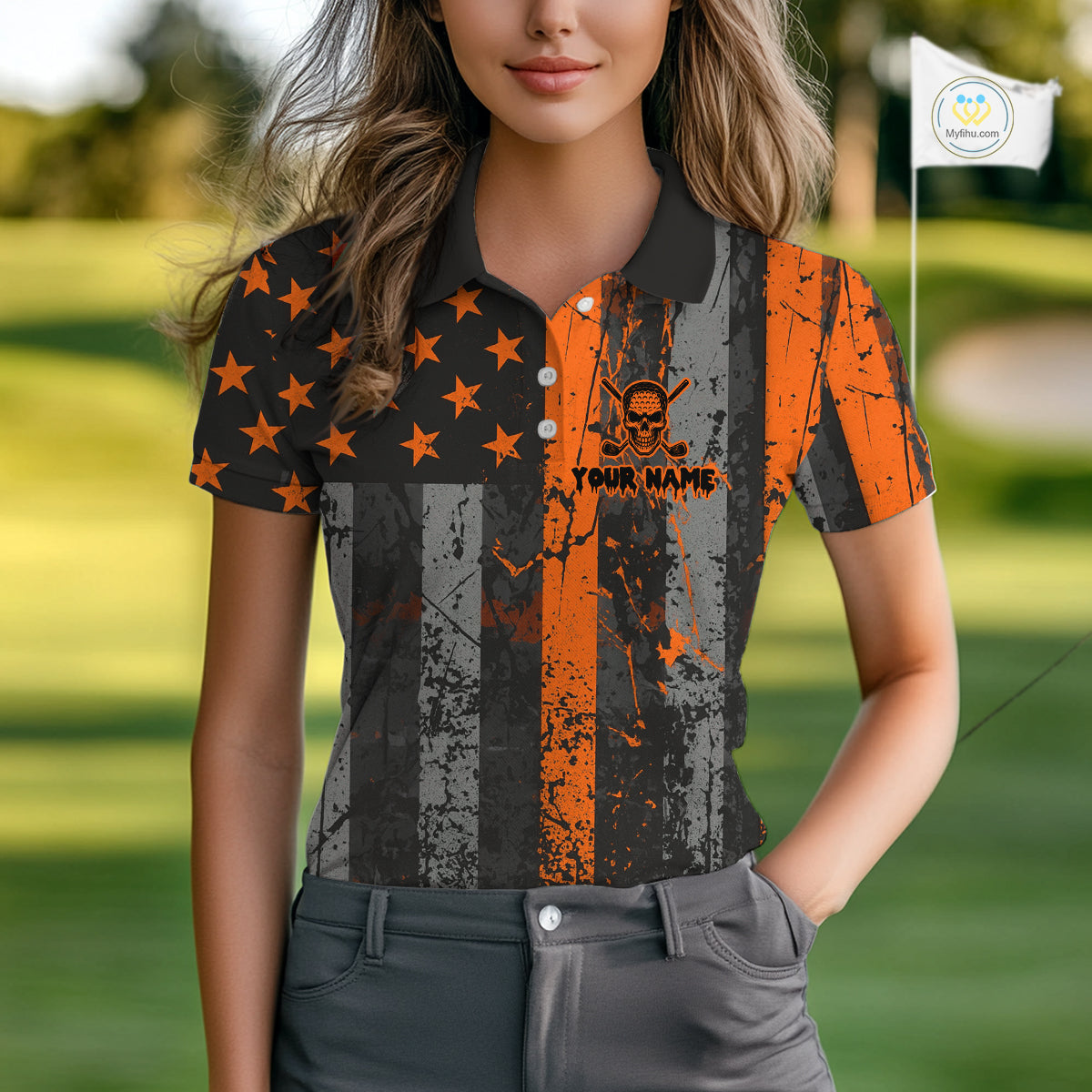 Custom Orange Grunge American Flag Patriotic Skull Halloween Golf Shirt For Women, Ladies Golf top NQS10483