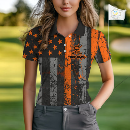 Custom Orange Grunge American Flag Patriotic Skull Halloween Golf Shirt For Women, Ladies Golf top NQS10483