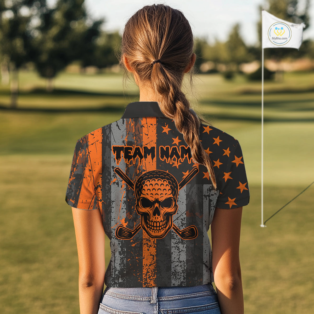 Custom Orange Grunge American Flag Patriotic Skull Halloween Golf Shirt For Women, Ladies Golf top NQS10483