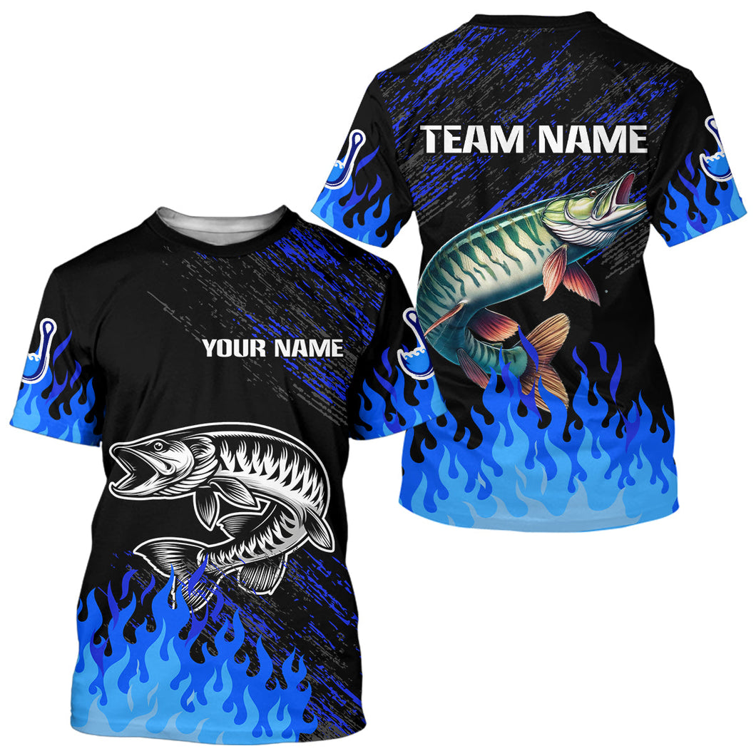 Blue fire Musky fishing Custom performance long sleeve flame Muskie fishing tournament shirts for team NQS9744