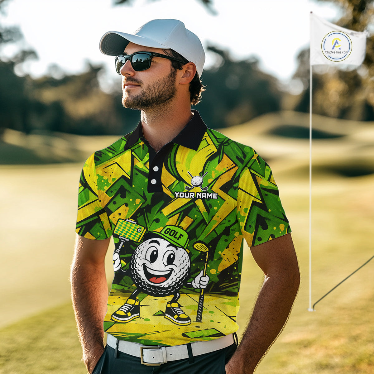 Green and Yellow camo funny golf ball Mens golf polo shirts custom team golf outfits for men NQS10176