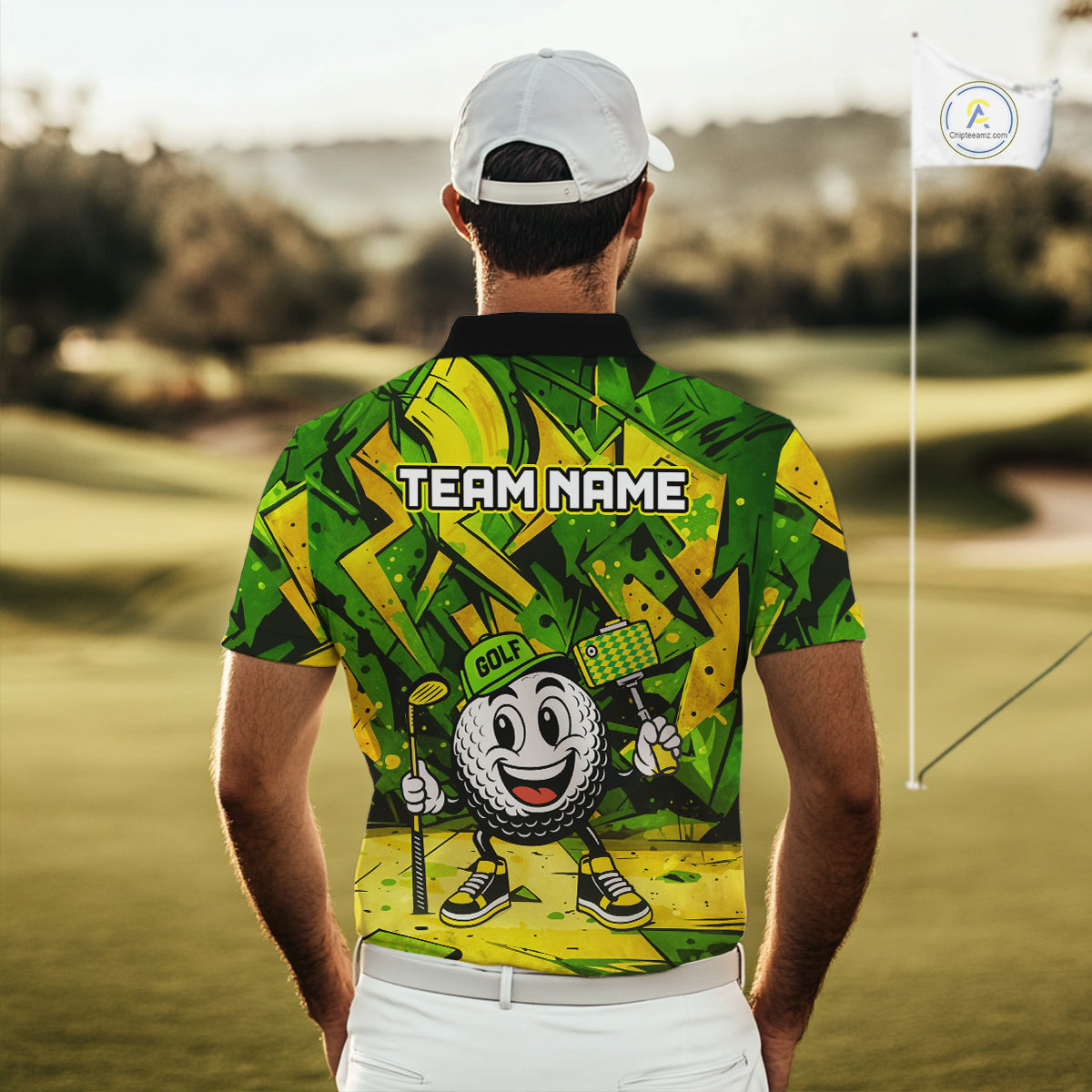 Green and Yellow camo funny golf ball Mens golf polo shirts custom team golf outfits for men NQS10176