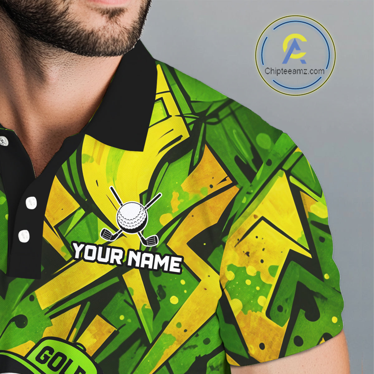 Green and Yellow camo funny golf ball Mens golf polo shirts custom team golf outfits for men NQS10176