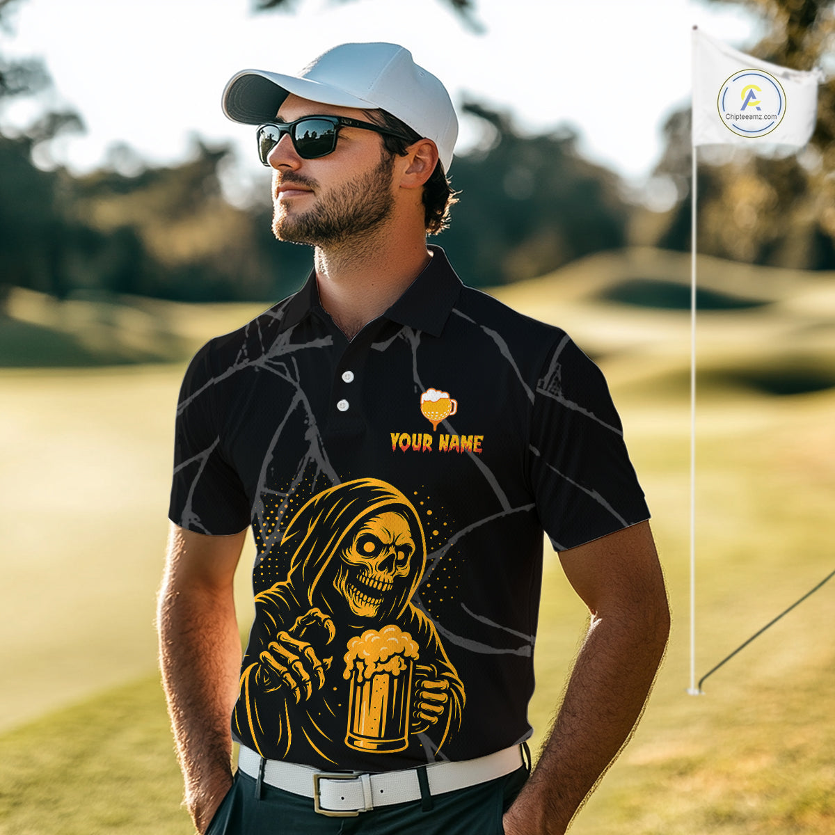 Golf and beer Mens golf polo shirt Custom black and gold skull mens golf attire Halloween golf outfit NQS10519