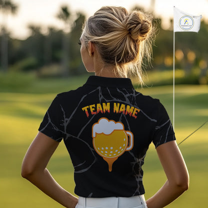 Golf and beer Women golf polo shirt Custom black and gold skull ladies golf attire Halloween outfit NQS10519
