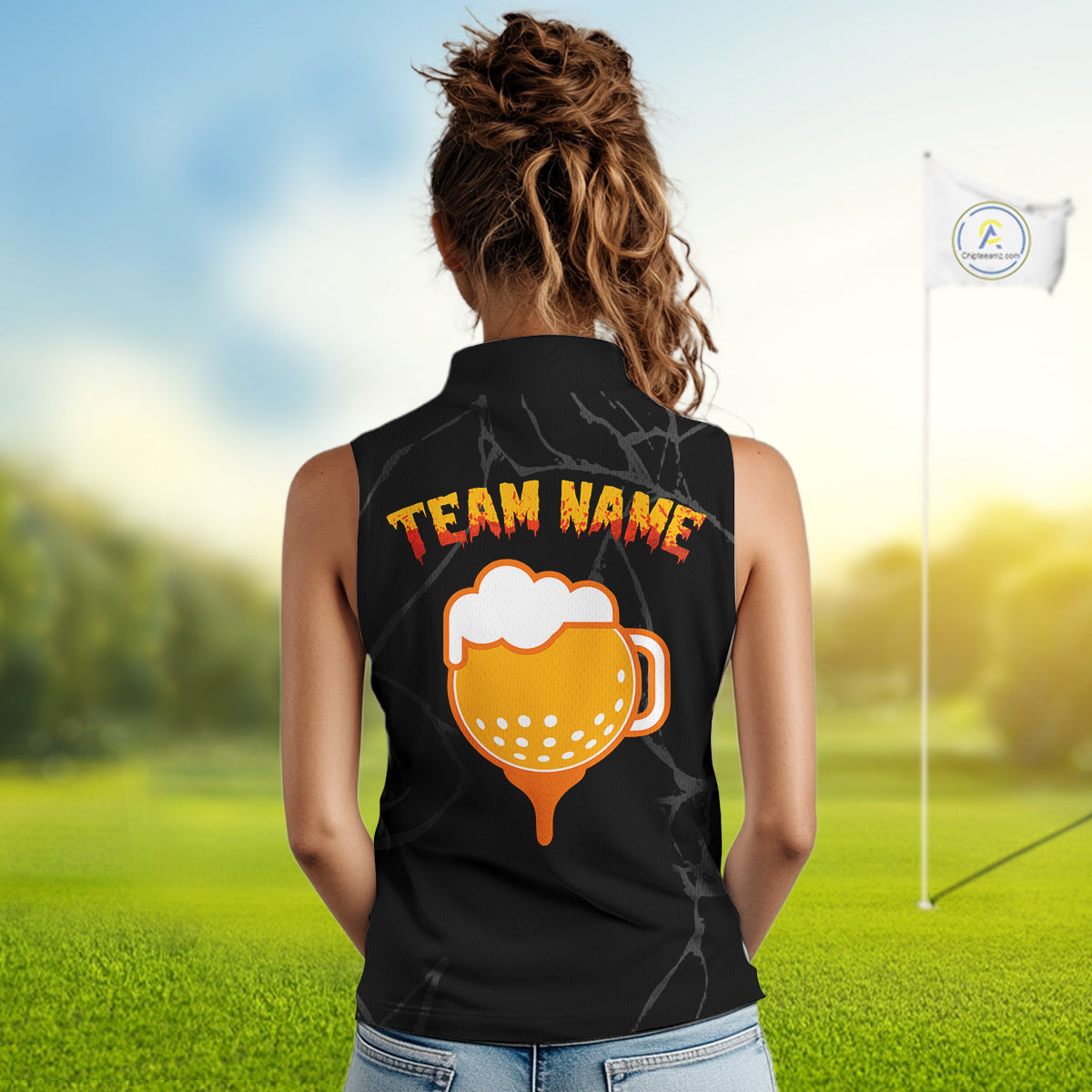 Golf and beer Sleeveless polo shirt Custom black and gold skull ladies golf attire Halloween outfit NQS10519