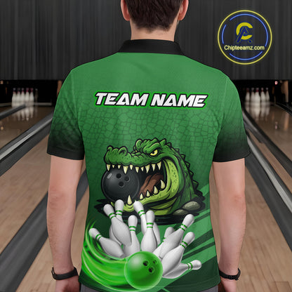 Funny Green Alligator Bowling Polo, Quarter Zip shirts for Men Custom Team bowling league jersey NQS10588