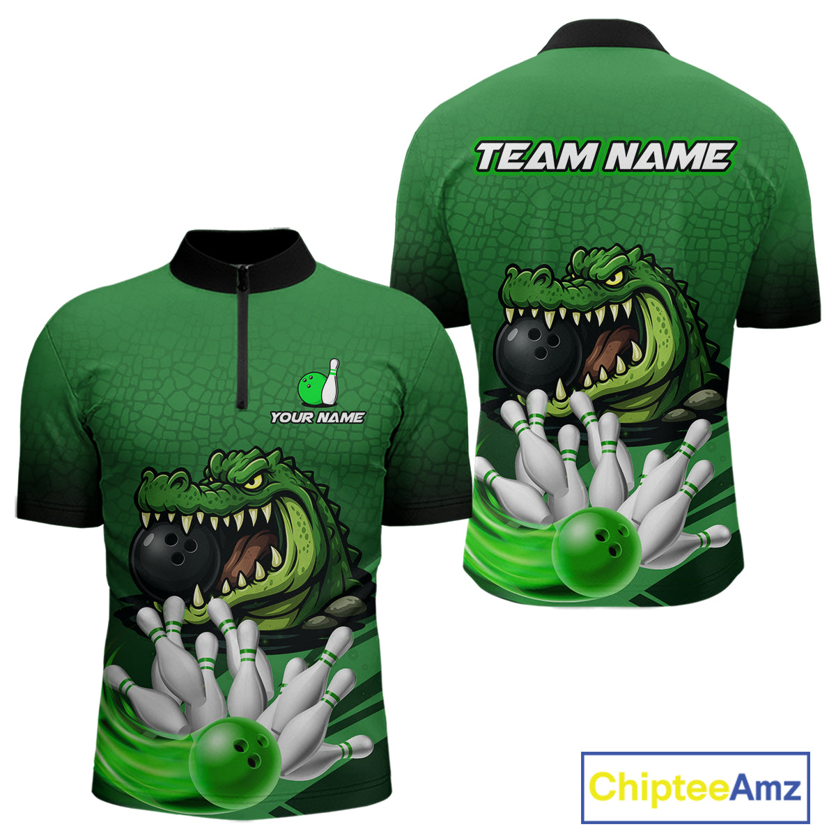 Funny Green Alligator Bowling Polo, Quarter Zip shirts for Men Custom Team bowling league jersey NQS10588