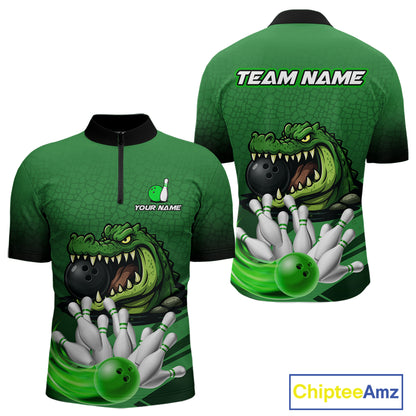 Funny Green Alligator Bowling Polo, Quarter Zip shirts for Men Custom Team bowling league jersey NQS10588