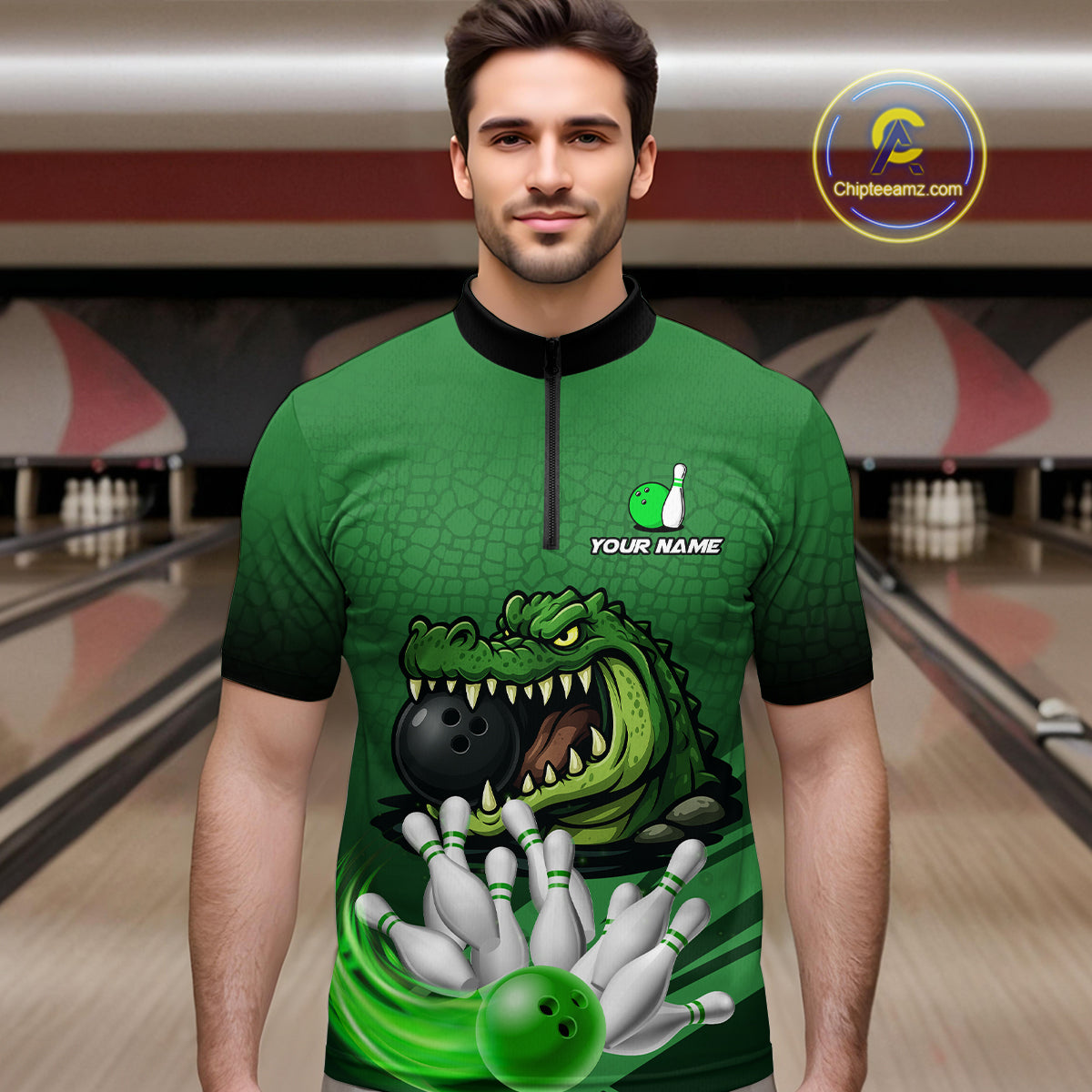 Funny Green Alligator Bowling Polo, Quarter Zip shirts for Men Custom Team bowling league jersey NQS10588