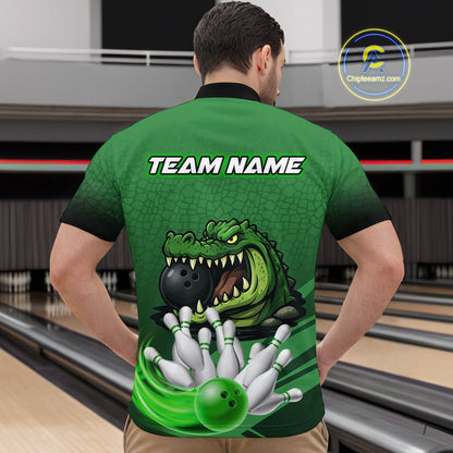 Funny Green Alligator Bowling Polo, Quarter Zip shirts for Men Custom Team bowling league jersey NQS10588