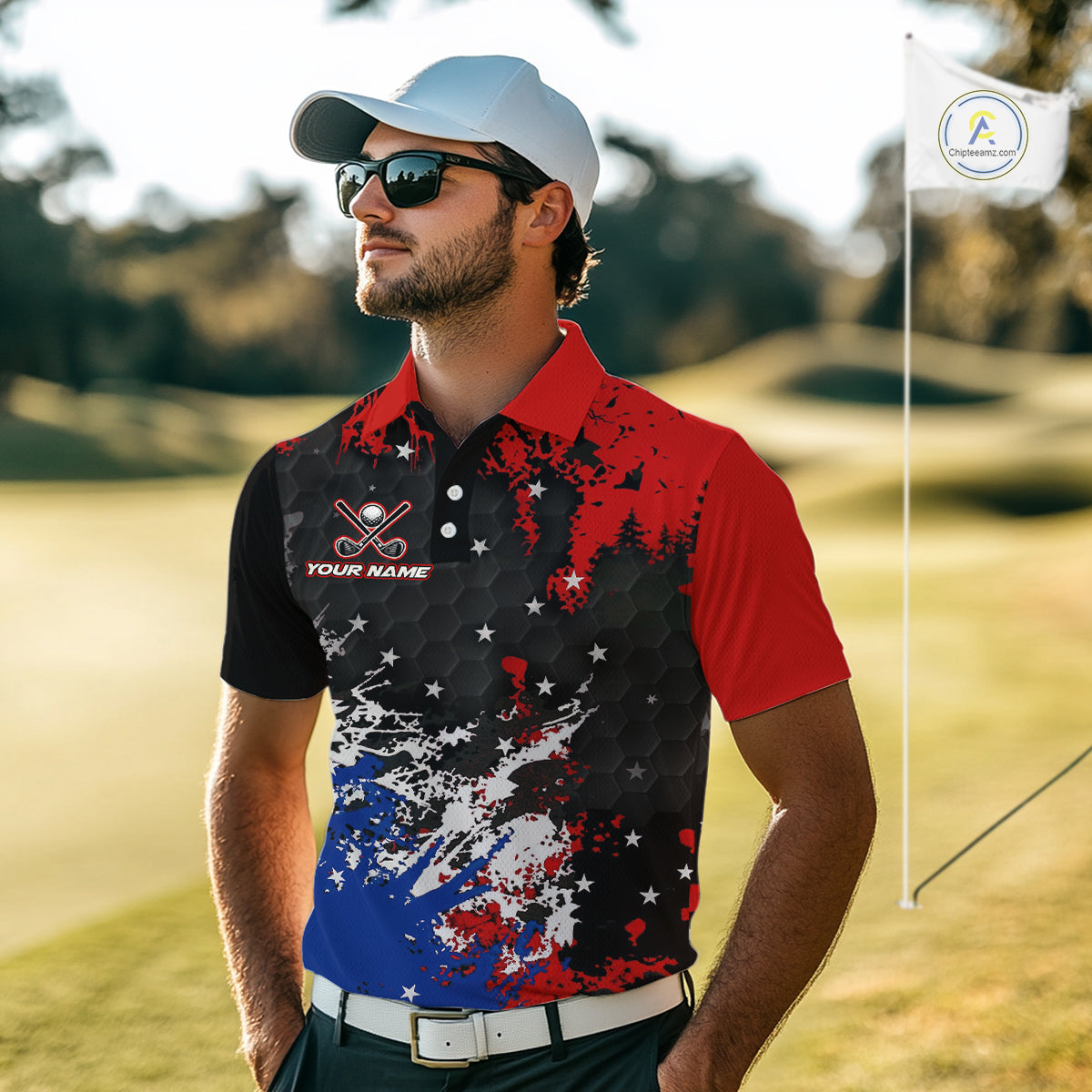 Red, White and Blue Golf Polo shirts for Men Custom Patriotic Gift For Golfers, Mens golf outfit NQS10590