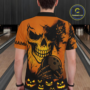 Custom Skull Bowling Jerseys For Men Bowling Team Polo, Quarter Zip Shirts Halloween Outfits NQS10618
