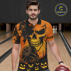 Custom Skull Bowling Jerseys For Men Bowling Team Polo, Quarter Zip Shirts Halloween Outfits NQS10618