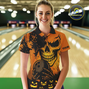 Custom Skull Bowling Jerseys For Women Bowling Team Polo, Quarter Zip Shirts Halloween Outfits NQS10618