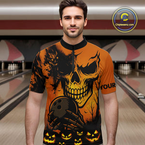 Custom Skull Bowling Jerseys For Men Bowling Team Polo, Quarter Zip Shirts Halloween Outfits NQS10618