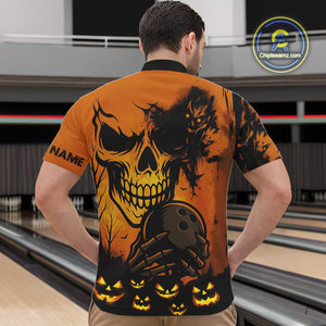 Custom Skull Bowling Jerseys For Men Bowling Team Polo, Quarter Zip Shirts Halloween Outfits NQS10618