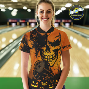 Custom Skull Bowling Jerseys For Women Bowling Team Polo, Quarter Zip Shirts Halloween Outfits NQS10618