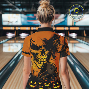 Custom Skull Bowling Jerseys For Women Bowling Team Polo, Quarter Zip Shirts Halloween Outfits NQS10618