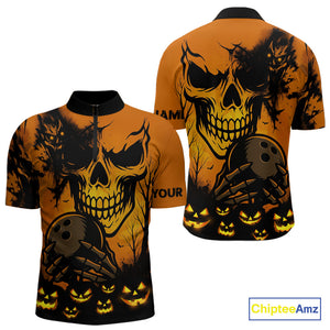Custom Skull Bowling Jerseys For Men Bowling Team Polo, Quarter Zip Shirts Halloween Outfits NQS10618