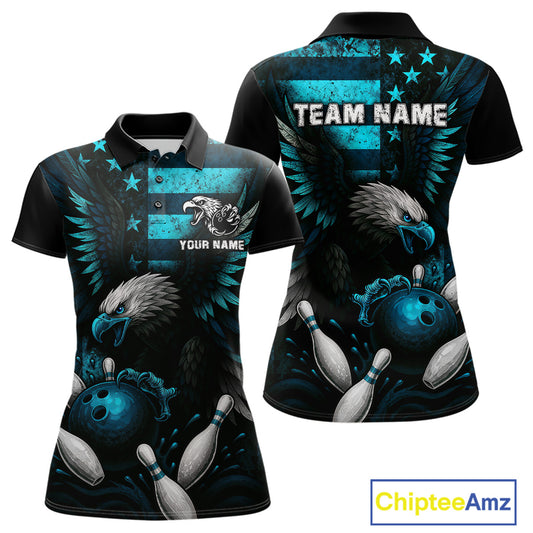 Custom Turquoise Vintage Us Flag Patriotic Eagle Bowling Shirt For Women, Retro Bowling Team Jerseys NQS10477