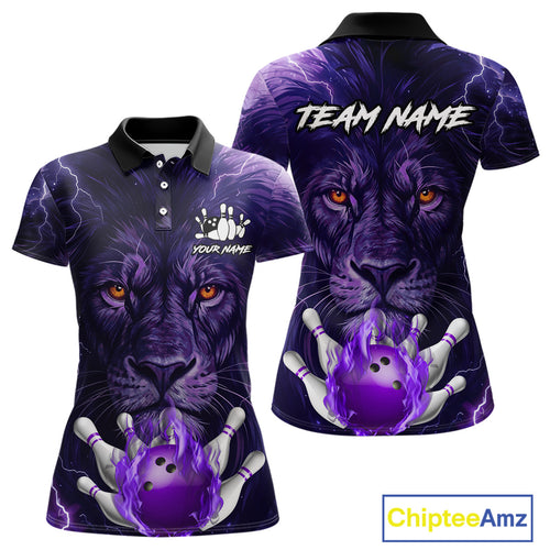 Purple Lightning thunder Flame Lion Bowling Polo, 1/4 Zip shirts for Women Custom bowling team jersey NQS10175
