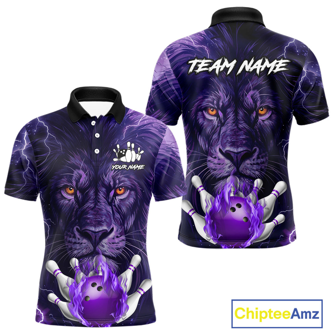 Purple Lightning thunder Flame Lion Bowling Polo, 1/4 Zip shirts for Men Custom bowling team jerseys NQS10175