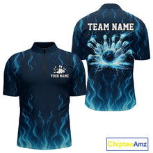 Load image into Gallery viewer, Blue flame lightning thunder Bowling polo, quarter zip shirts for men custom Bowling team jerseys NQS10387