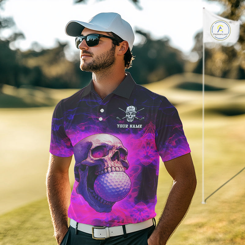 Custom Pink Flame Golf skull Halloween Mens golf polo shirt, Personalized Team Skull golf outfit NQS10400