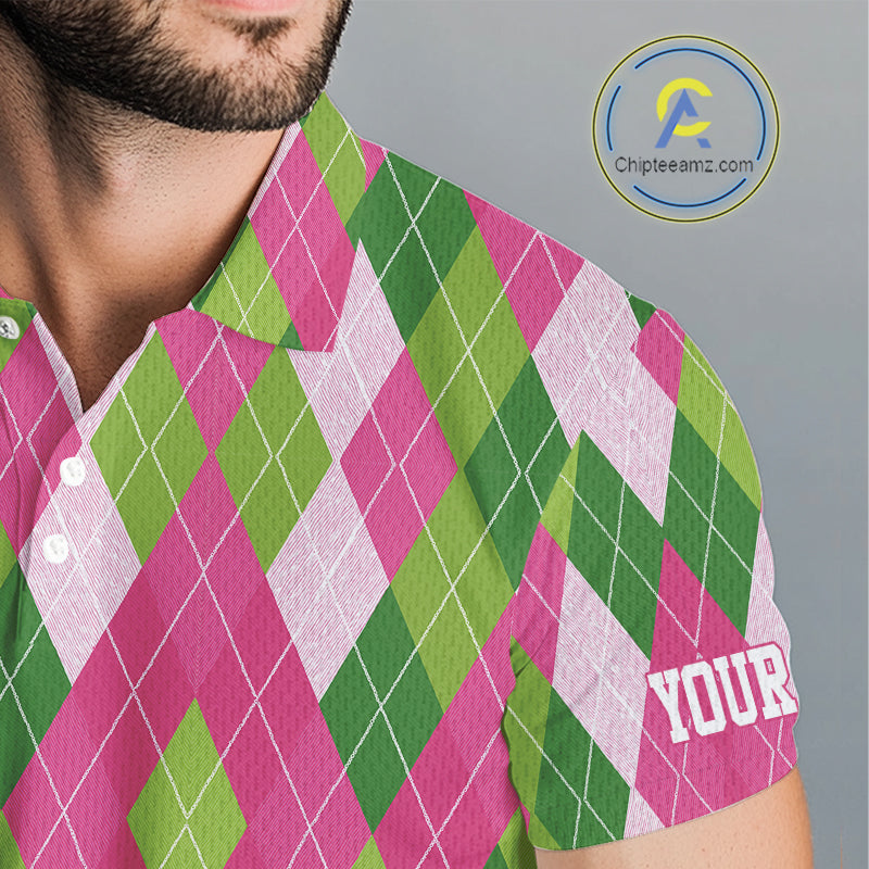 Pink and Green argyle pattern Mens golf polo shirt custom golf jerseys, personalized golf apparel NQS10408