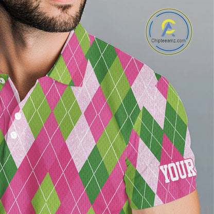 Pink and Green argyle pattern Mens golf polo shirt custom golf jerseys, personalized golf apparel NQS10408