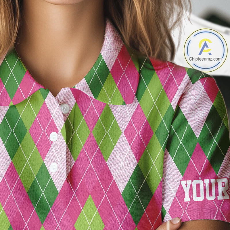 Pink and Green argyle pattern Women golf polo shirt custom golf jerseys, personalized golf apparel NQS10408