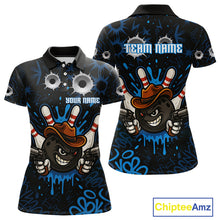 Load image into Gallery viewer, Funny Black and Blue Bowling Cowboy gun Women bowling polo, 1/4 zip shirts Custom bowling team jersey NQS10617