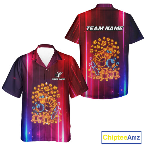 Colorful Neon Autumn Turkey Bowling Hawaiian Shirt Custom Thanksgiving Bowling Team Jerseys NQS10417