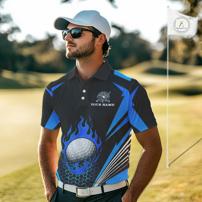Black and Blue Flame Golf Ball Mens golf polo shirts custom golf attire for men, best golf gifts NQS10448