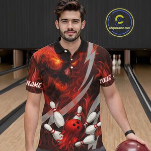 Red Flame Skull Bowling Polo, Quarter Zip shirts For Men Custom Halloween Team Bowling Outfit NQS10636