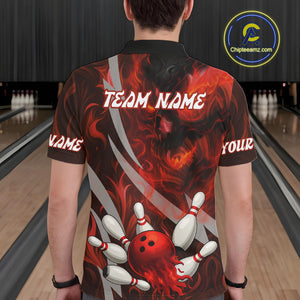 Red Flame Skull Bowling Polo, Quarter Zip shirts For Men Custom Halloween Team Bowling Outfit NQS10636