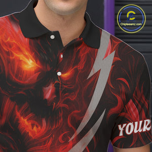 Red Flame Skull Bowling Polo, Quarter Zip shirts For Men Custom Halloween Team Bowling Outfit NQS10636