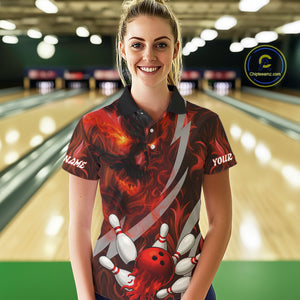 Red Flame Skull Bowling Polo, Quarter Zip shirts For Women Custom Halloween Team Bowling Outfit NQS10636