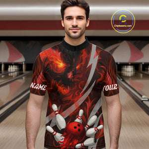Red Flame Skull Bowling Polo, Quarter Zip shirts For Men Custom Halloween Team Bowling Outfit NQS10636