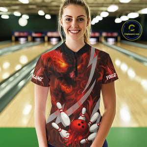 Red Flame Skull Bowling Polo, Quarter Zip shirts For Women Custom Halloween Team Bowling Outfit NQS10636