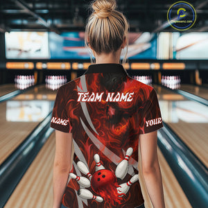 Red Flame Skull Bowling Polo, Quarter Zip shirts For Women Custom Halloween Team Bowling Outfit NQS10636