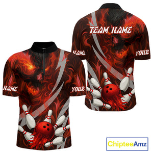 Red Flame Skull Bowling Polo, Quarter Zip shirts For Men Custom Halloween Team Bowling Outfit NQS10636